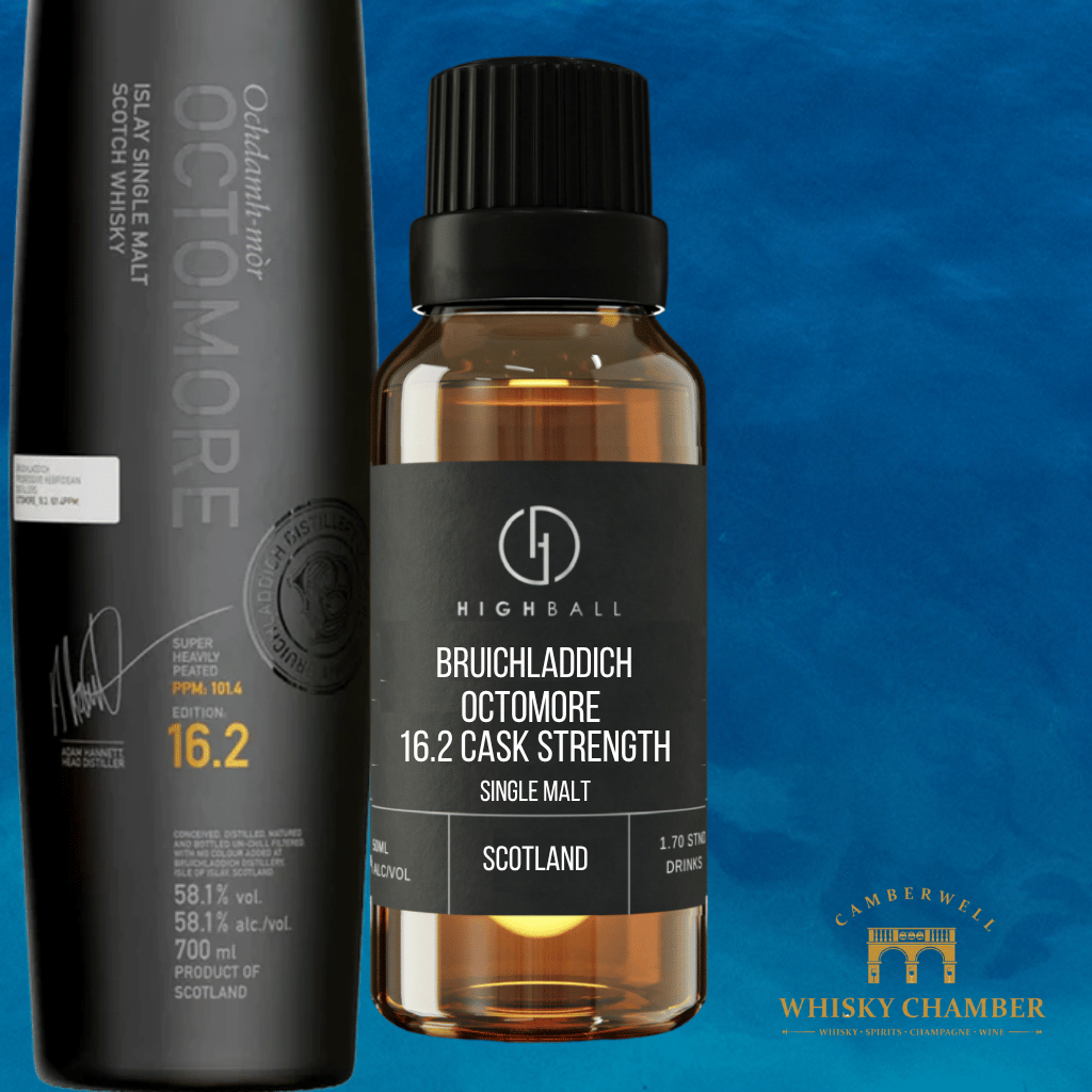 Two bottles of Bruichladdich Octomore single malt whisky on a blue background with Camerwell Whisky Chamber logo.