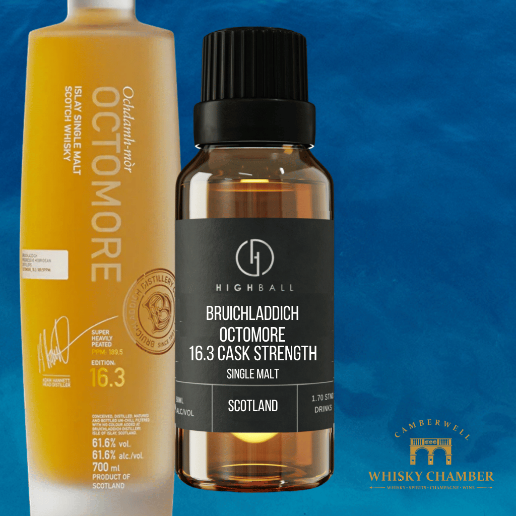 Two bottles of whisky on a blue background with 'Whisky Chamber' branding.