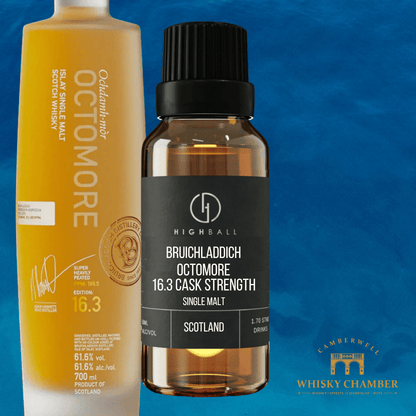 Two bottles of whisky on a blue background with 'Whisky Chamber' branding.