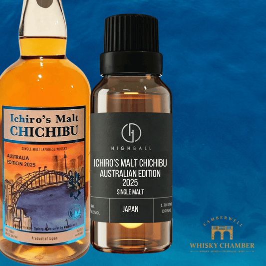 Two bottles of Ichiro's Malt Chichibu whisky on a blue background