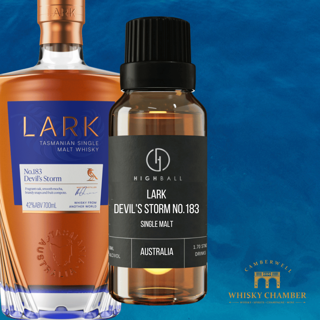 Two bottles of Lark Tasmanian single malt whisky on a blue background