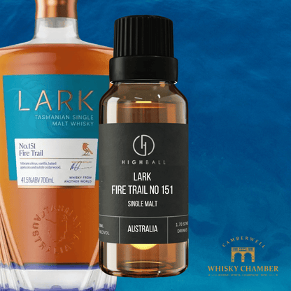 Bottle of Lark Tasmanian Single Malt Whisky and a smaller bottle labeled 'Lark Fire Trail No 151' on a blue background.