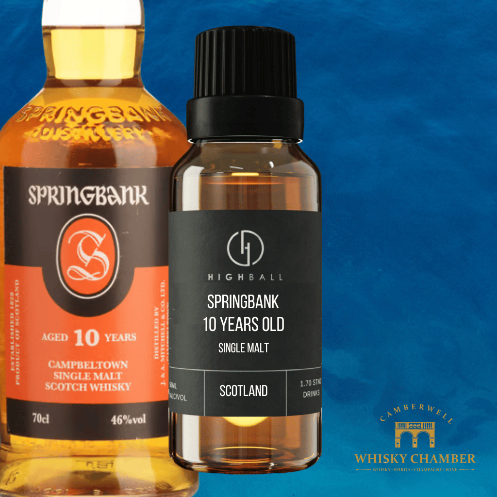Two Springbank whisky bottles on a blue background with Camberwell Whisky Chamber logo.