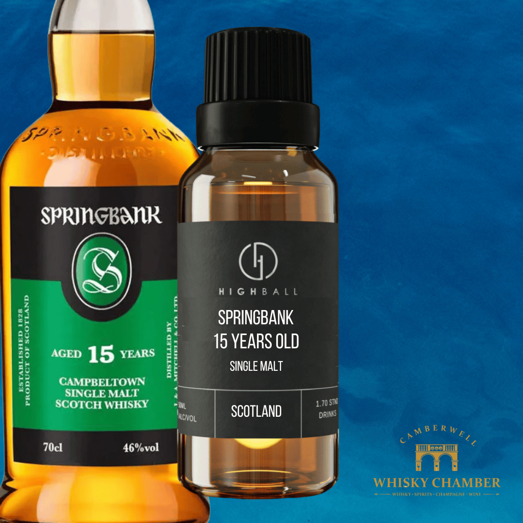 Two bottles of Springbank whisky on a blue background with Camberwell Whisky Chamber logo.