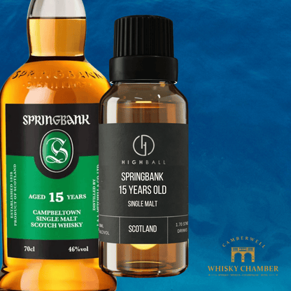 Two bottles of Springbank whisky on a blue background with Camberwell Whisky Chamber logo.