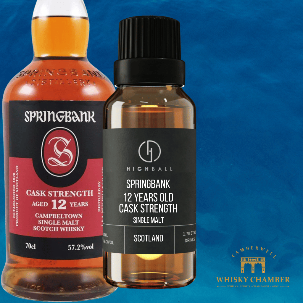 Two bottles of Springbank whisky on a blue background with Camberwell Whisky Chamber logo.