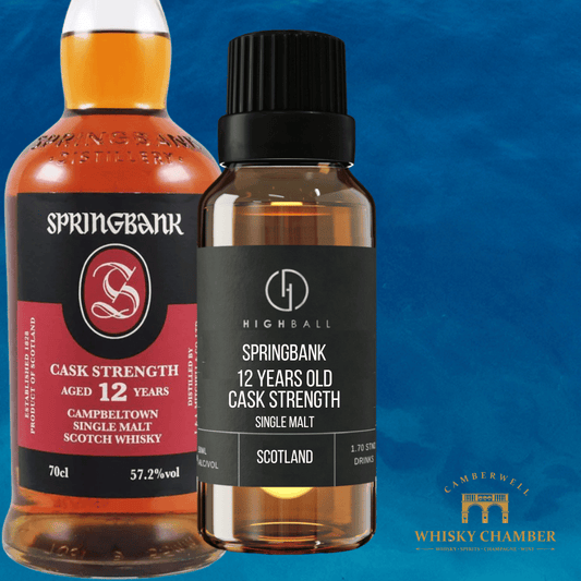 Two bottles of Springbank whisky on a blue background with Camberwell Whisky Chamber logo.