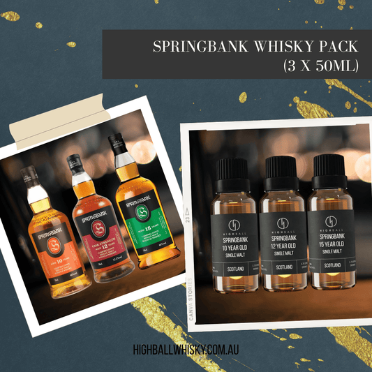 Springbank whisky pack with three 50ml bottles on a dark background
